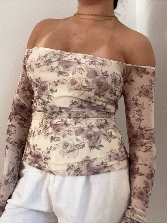 Ardene Tops - Ardene Off-Shoulder Floral Mesh Top in Cream